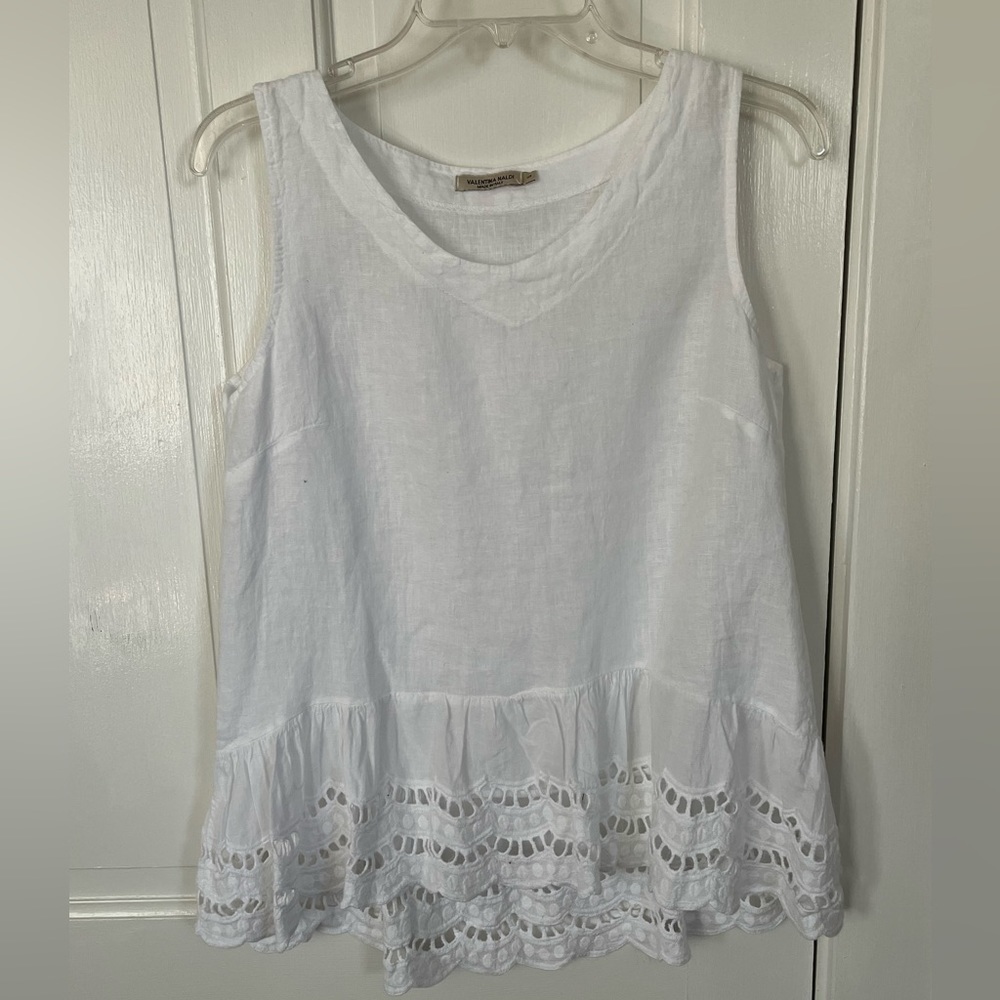Valentina Naldi 100% Linen White Ruffled Eyelet Sleeveless Blouse Top Size Small